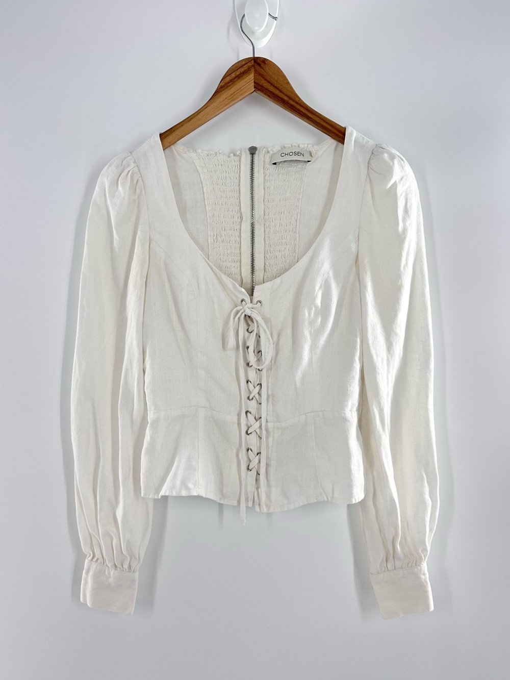 Chosen White Linen Lace-Up Corset Puff Sleeve Blouse Size XS